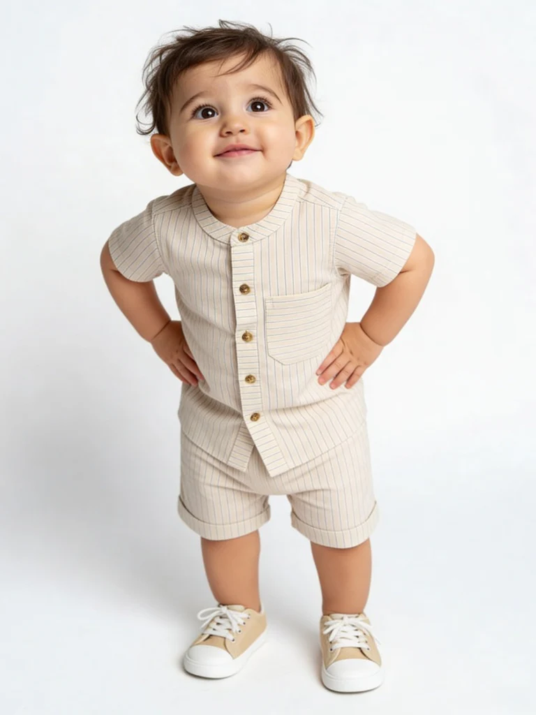 HOP Baby Boys Light Taupe Cotton Shirt with Shorts Set