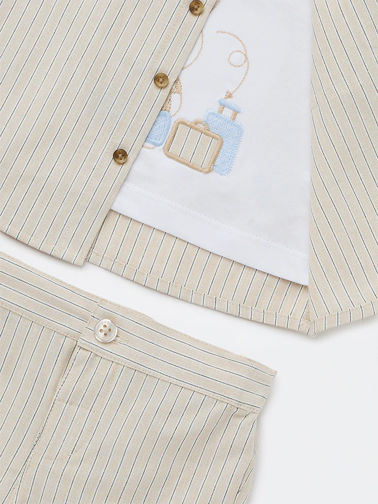 HOP Baby Boys Light Taupe Cotton Shirt with Shorts Set - Image 4
