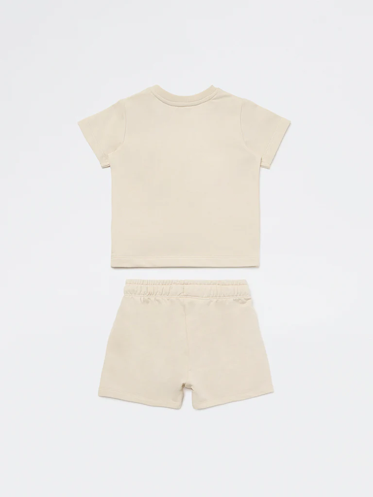 HOP Baby Boys Light Taupe Printed Cotton T-Shirt and Shorts Set - Image 3