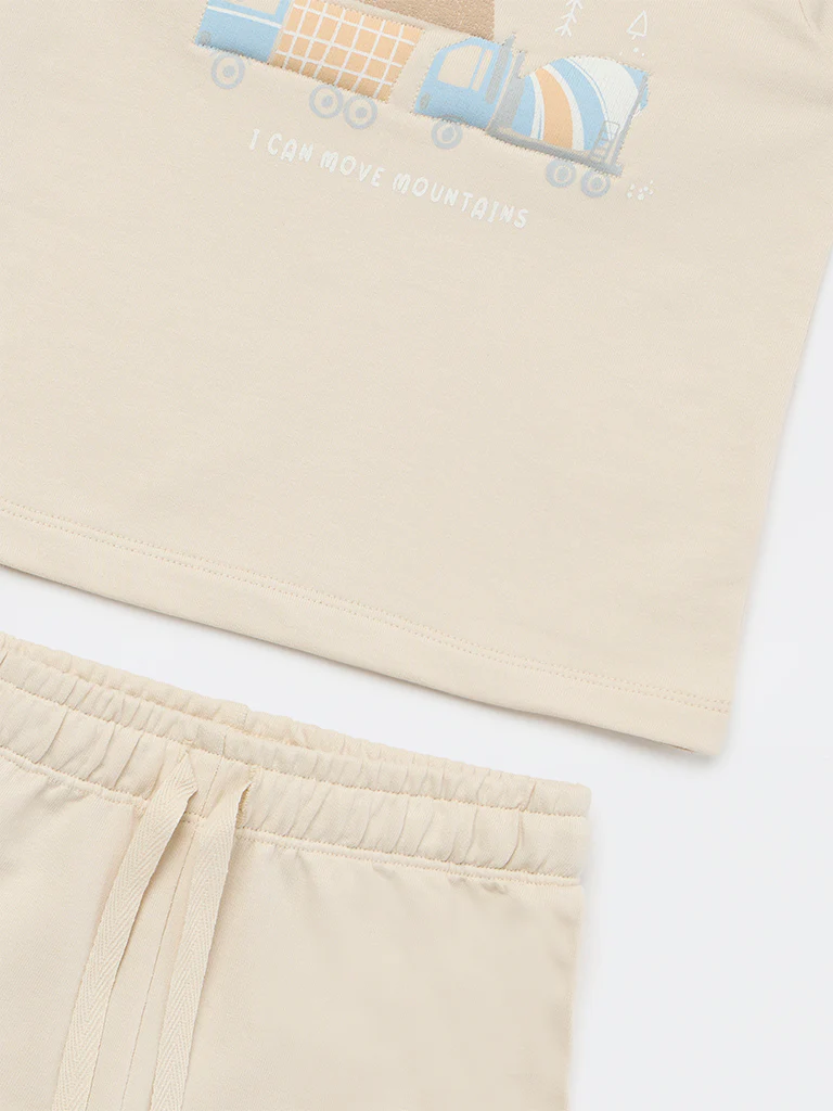 HOP Baby Boys Light Taupe Printed Cotton T-Shirt and Shorts Set - Image 4