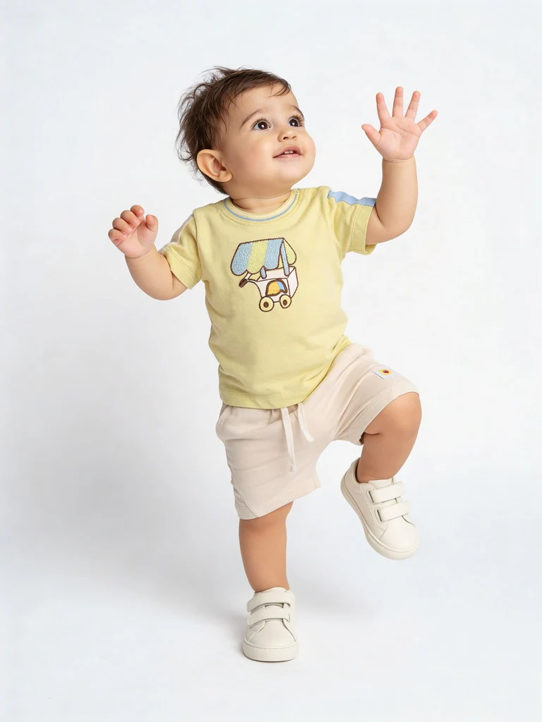 HOP Baby Boys Lime Green Printed Cotton T-Shirt and Shorts Set