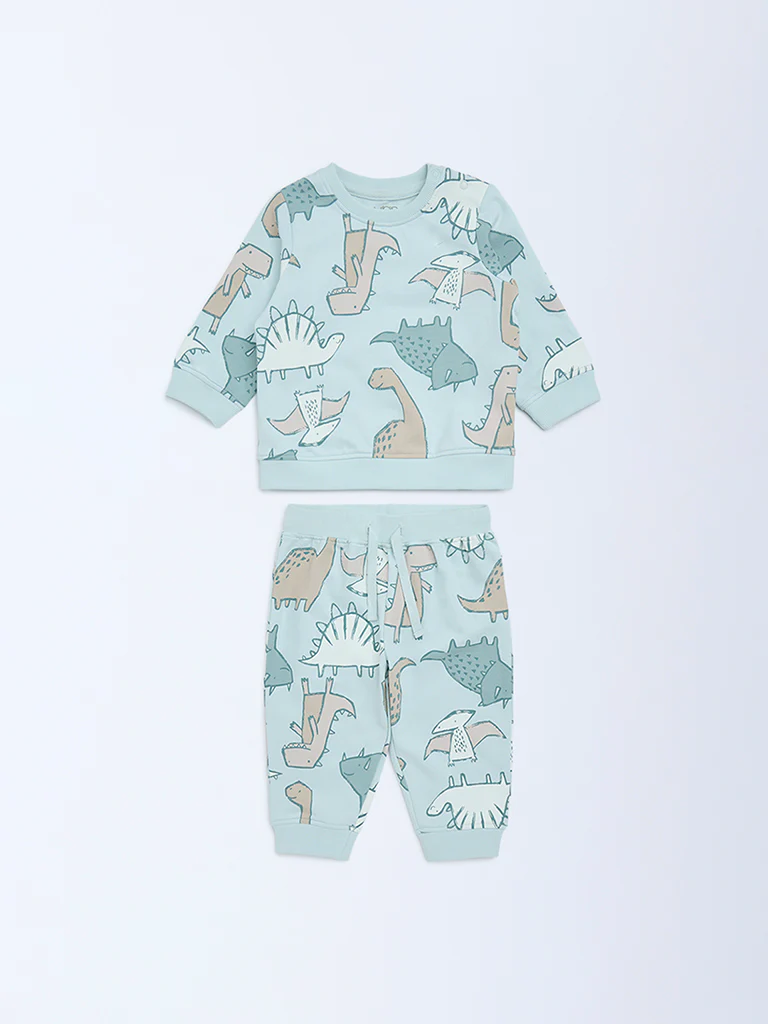 HOP Baby Boys Mint Dinosaur Pattern Sweatshirt and Joggers Set - Image 2