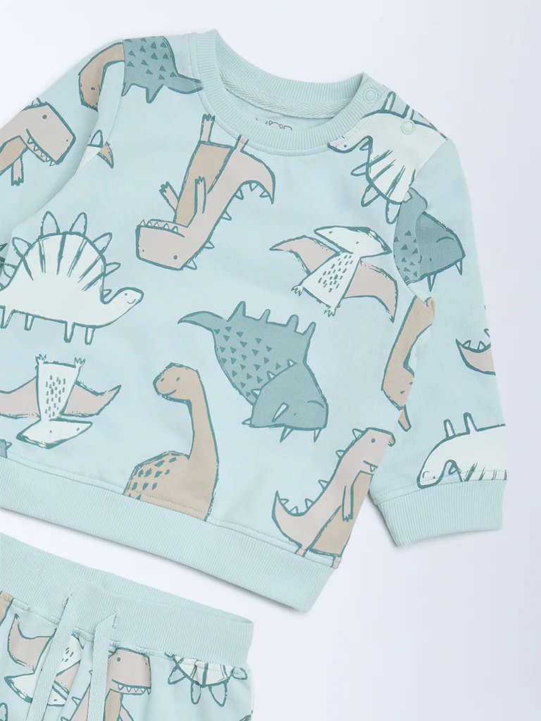 HOP Baby Boys Mint Dinosaur Pattern Sweatshirt and Joggers Set - Image 4