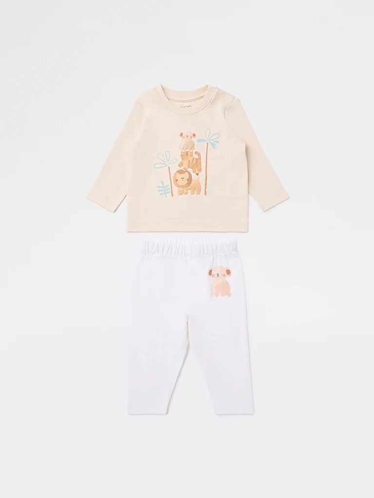 HOP Baby Boys Multicolour Animal Printed Cotton T-Shirt and Pants Set - Image 2