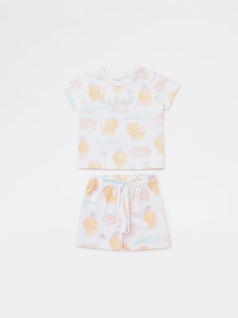 HOP Baby Boys Multicolour Animal Printed Cotton T-Shirt and Shorts Set - Image 2