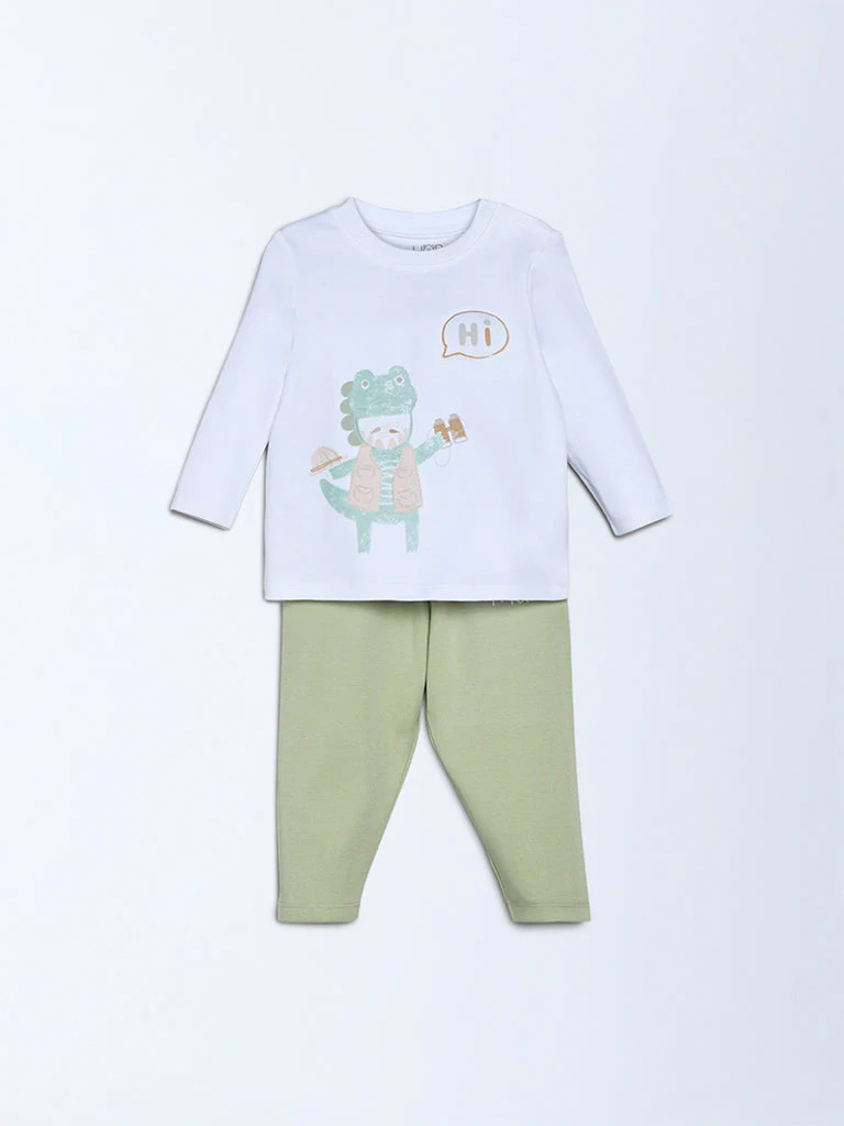 HOP Baby Boys Multicolour Dinosaur-Themed Cotton T-Shirt and Pants Set - Exclusive - Image 3