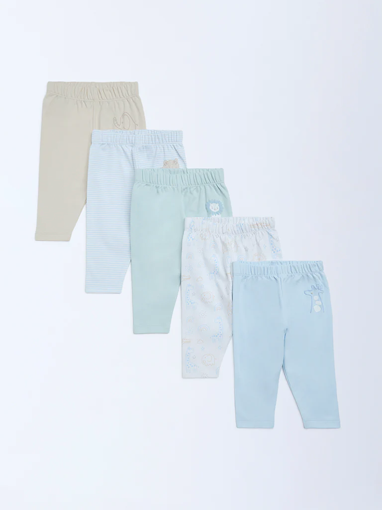HOP Baby Boys Multicolour Printed Mid-Rise Cotton Pants - Pack of 5 - Image 2