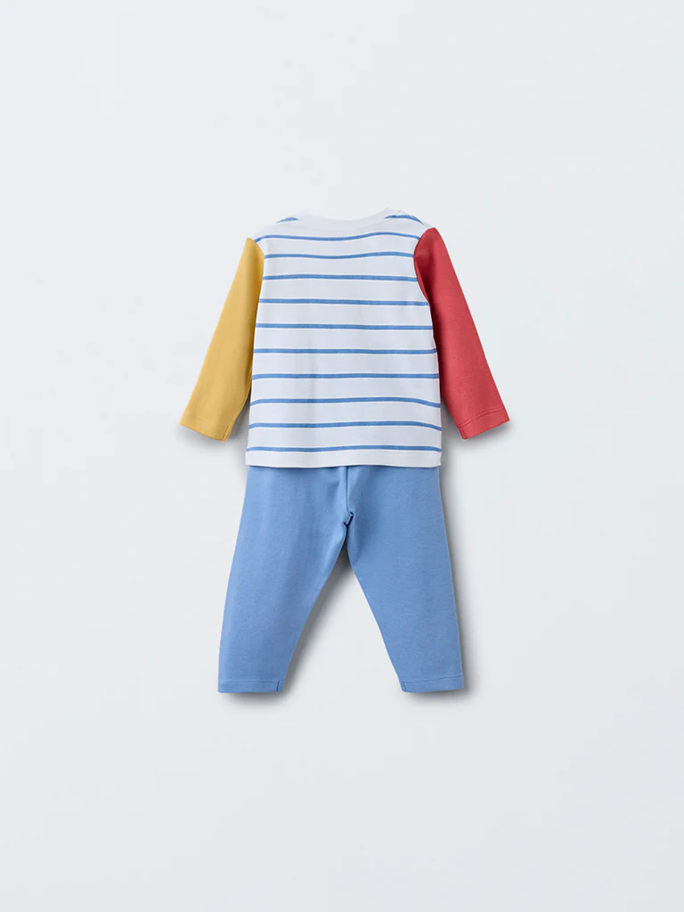 HOP Baby Boys Multicolour Striped Cotton T-Shirt with Pants Set - Image 3