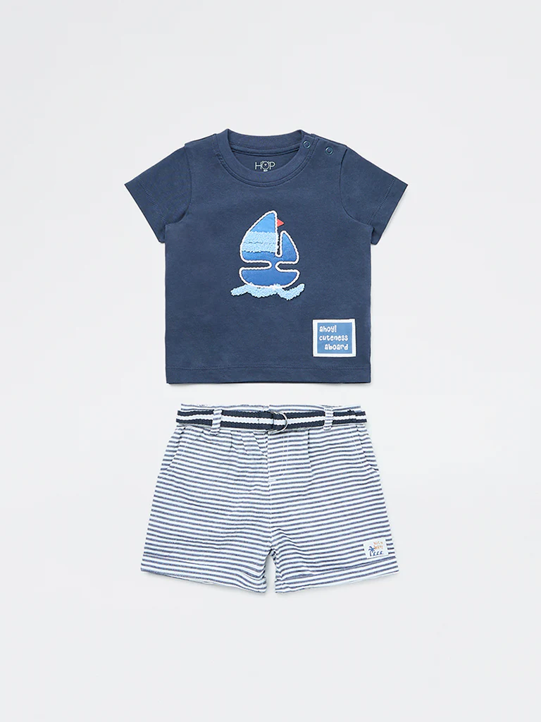 HOP Baby Boys Navy Embroidered Cotton T-Shirt and Shorts Set - Image 2