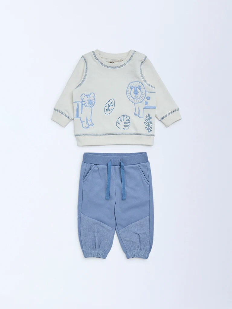 HOP Baby Boys Off-White Cotton-Blend Sweatshirt and Joggers Set - Image 2