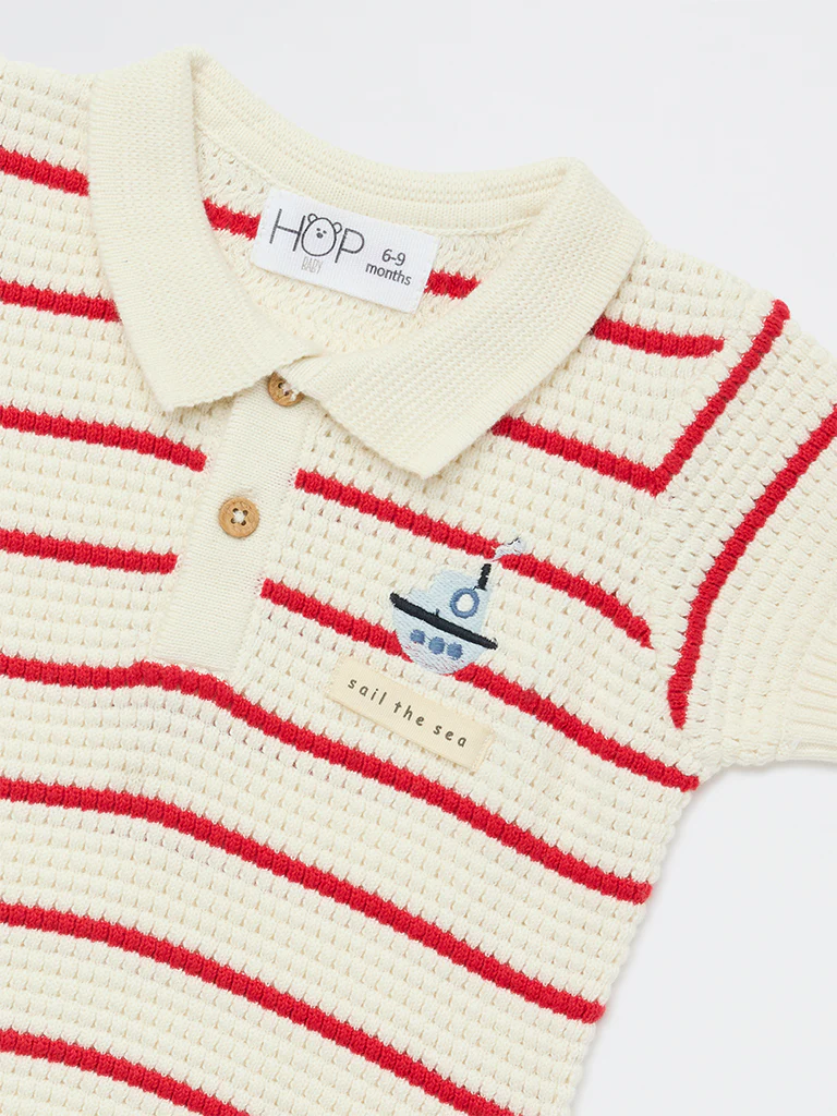 HOP Baby Boys Off-White Striped Cotton Sweater - Image 4