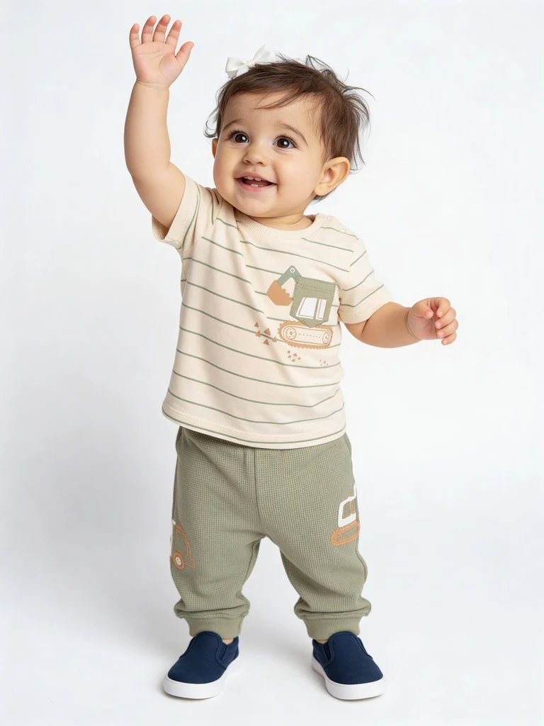 HOP Baby Boys Off-White Striped Cotton T-Shirt and Pants Set