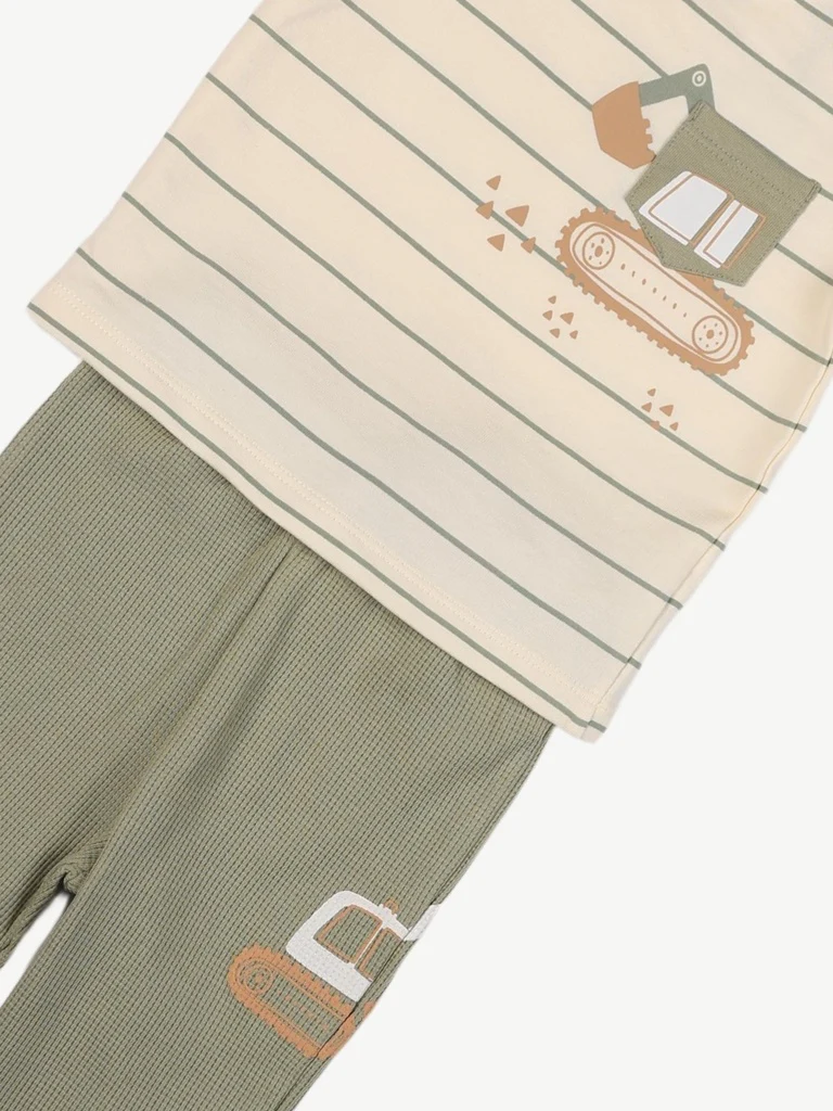 HOP Baby Boys Off-White Striped Cotton T-Shirt and Pants Set - Image 4