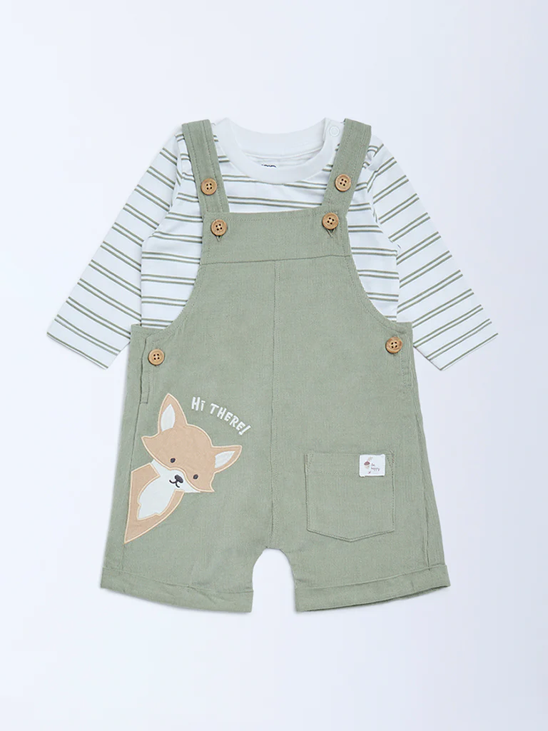HOP Baby Boys Olive Animal Design Dungaree and T-Shirt Set - Image 2