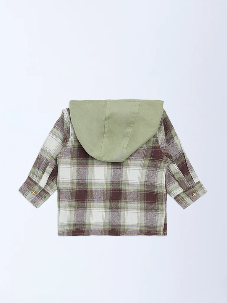 HOP Baby Boys Olive Checkered Cotton Hooded Shirt - Image 3