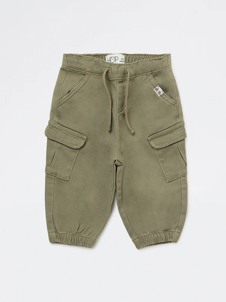 HOP Baby Boys Olive Mid-Rise Cotton-Blend Joggers - Image 2