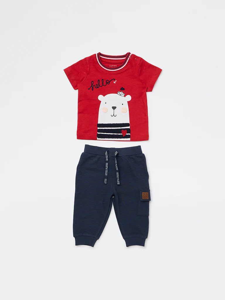 HOP Baby Boys Red Animal Design Cotton T-Shirt and Jogger Set - Image 2