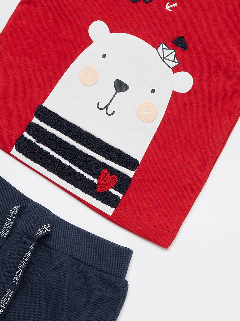 HOP Baby Boys Red Animal Design Cotton T-Shirt and Jogger Set - Image 4