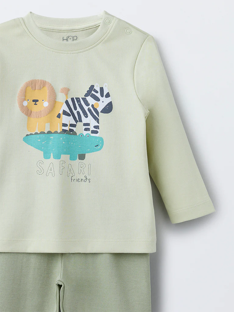 HOP Baby Boys Sage Animal Design Cotton T-Shirt with Pants Set - Image 4