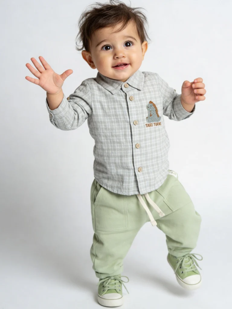 HOP Baby Boys Sage Checkered Cotton Shirt
