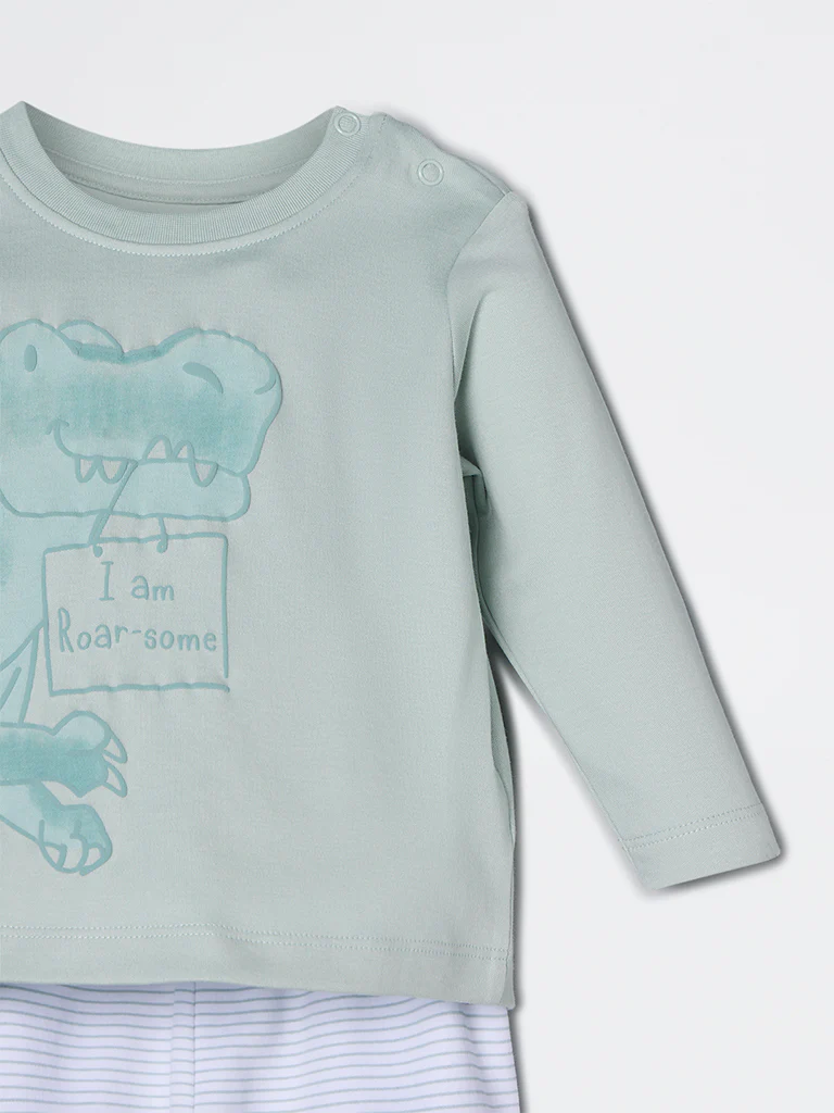 HOP Baby Boys Sage Dinosaur Pattern Cotton Co-ord Set - Exclusive - Image 4