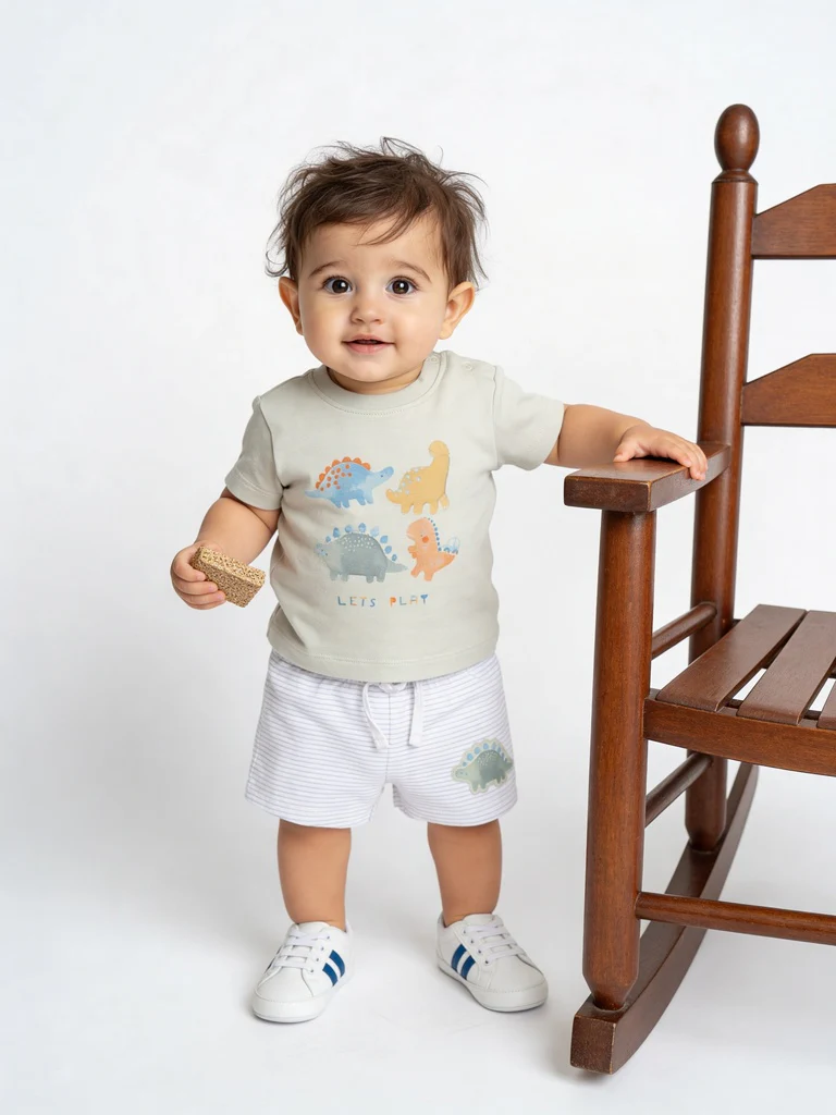 HOP Baby Boys Sage Dinosaur Printed Cotton T-Shirt and Shorts Set