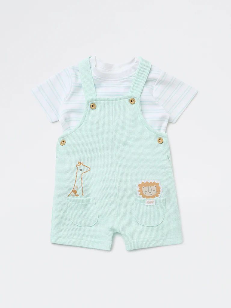 HOP Baby Boys Sage Embroidered Cotton Dungaree with T-Shirt Set - Image 2