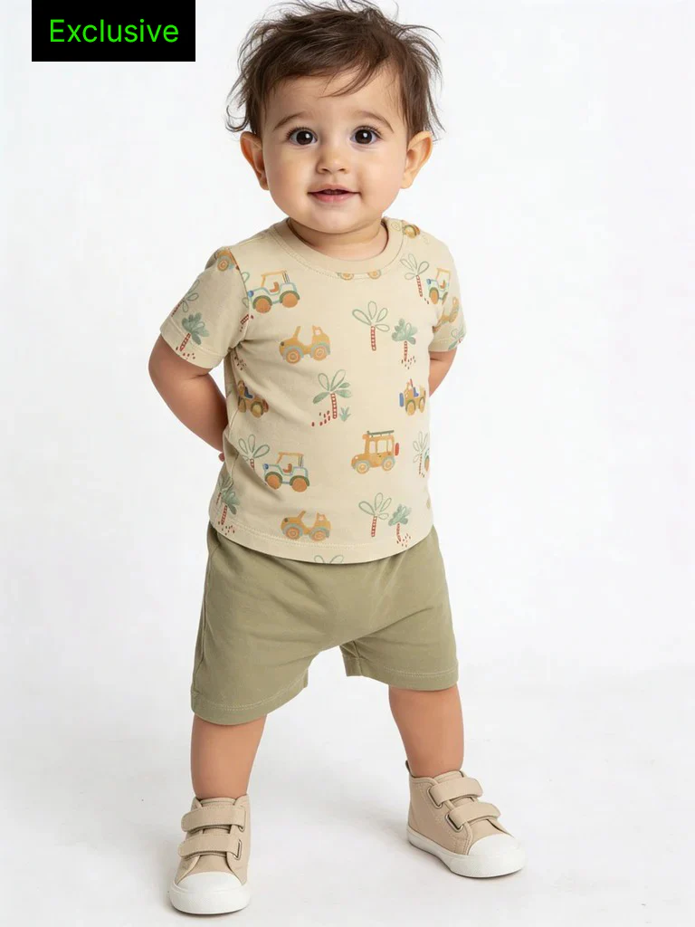HOP Baby Boys Sage Printed Cotton T-Shirt and Shorts Set - Exclusive