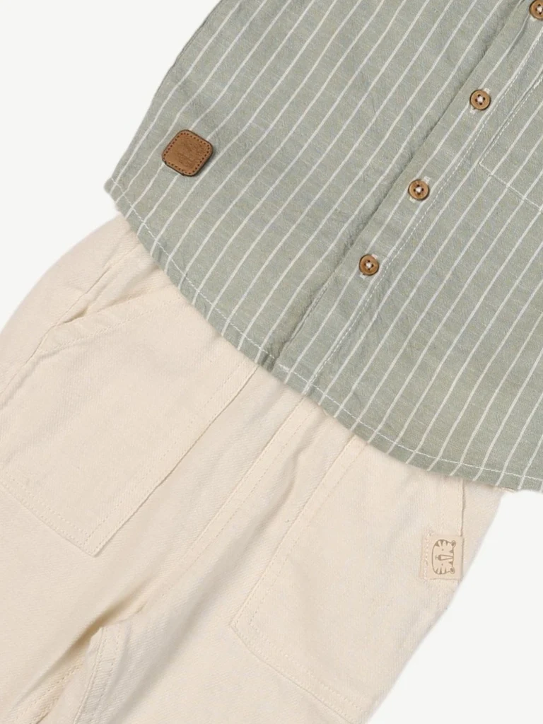 HOP Baby Boys Sage Striped Cotton-Blend Shirt and Pants Set - Image 4