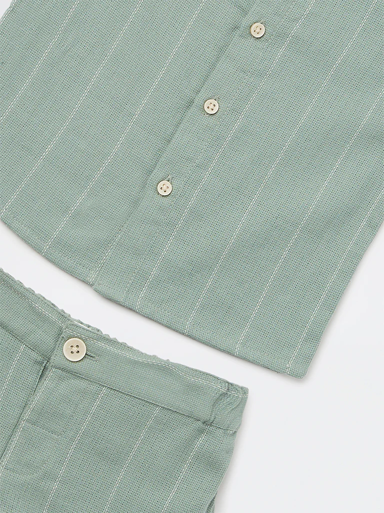 HOP Baby Boys Sage Striped Cotton Shirt and Shorts Set - Image 4
