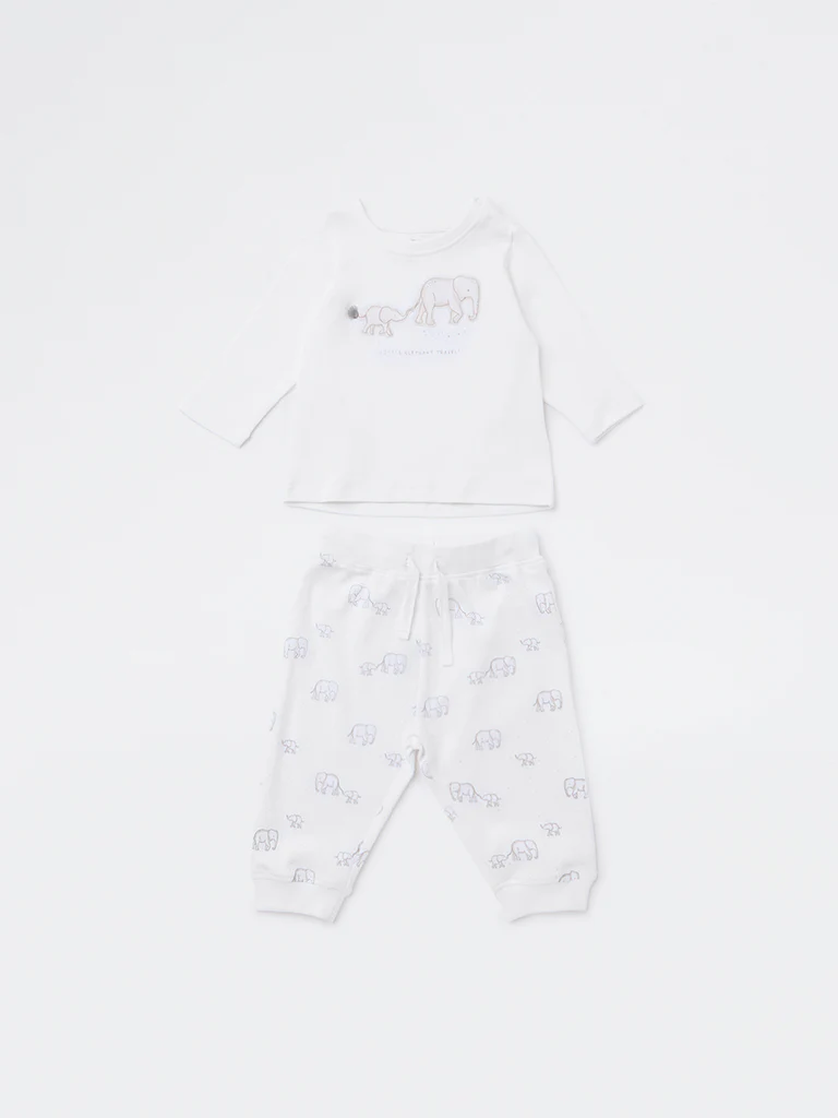 HOP Baby Boys White Animal Design Cotton T-Shirt and Joggers Set - Image 2