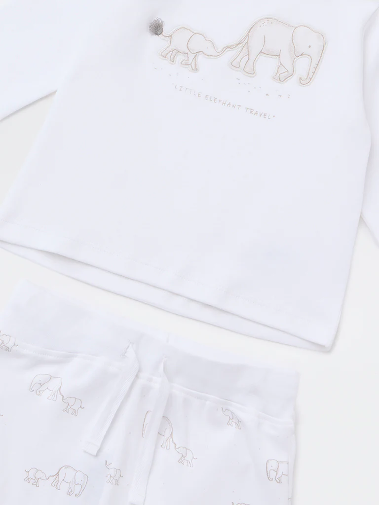 HOP Baby Boys White Animal Design Cotton T-Shirt and Joggers Set - Image 4