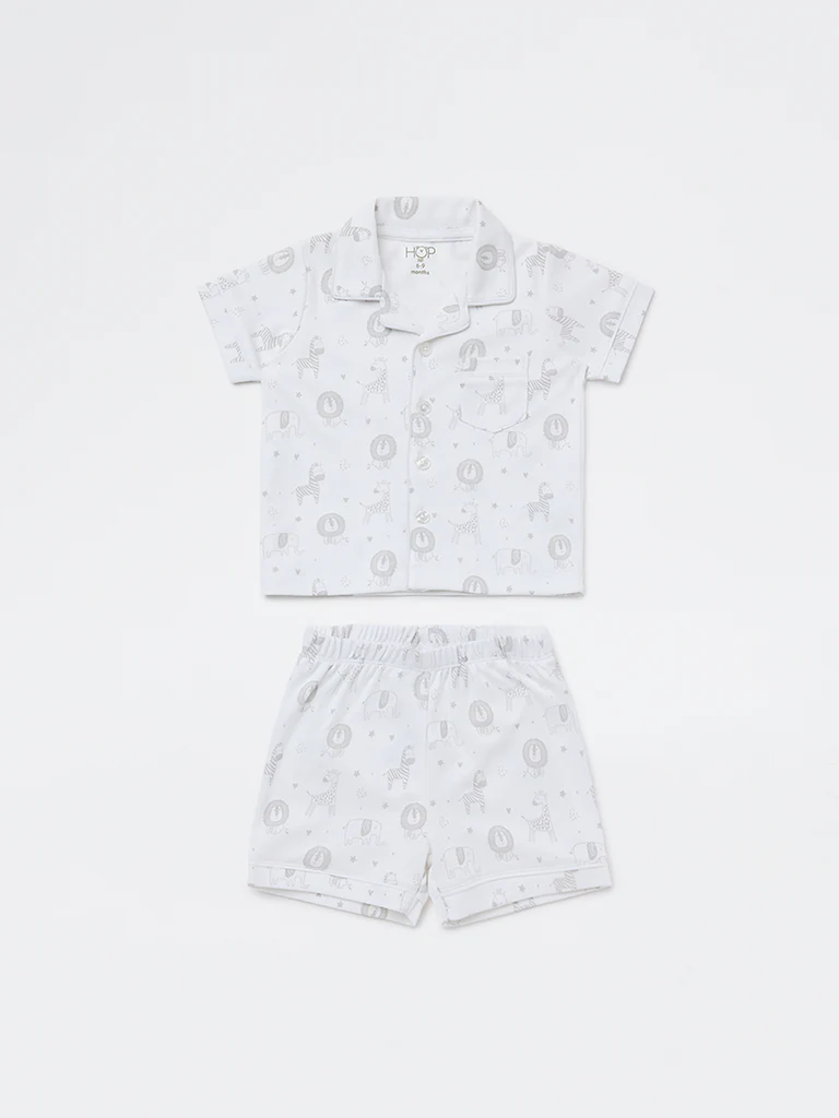 HOP Baby Boys White Animal Design SUPIMA Cotton Shirt and Shorts Set - Image 2