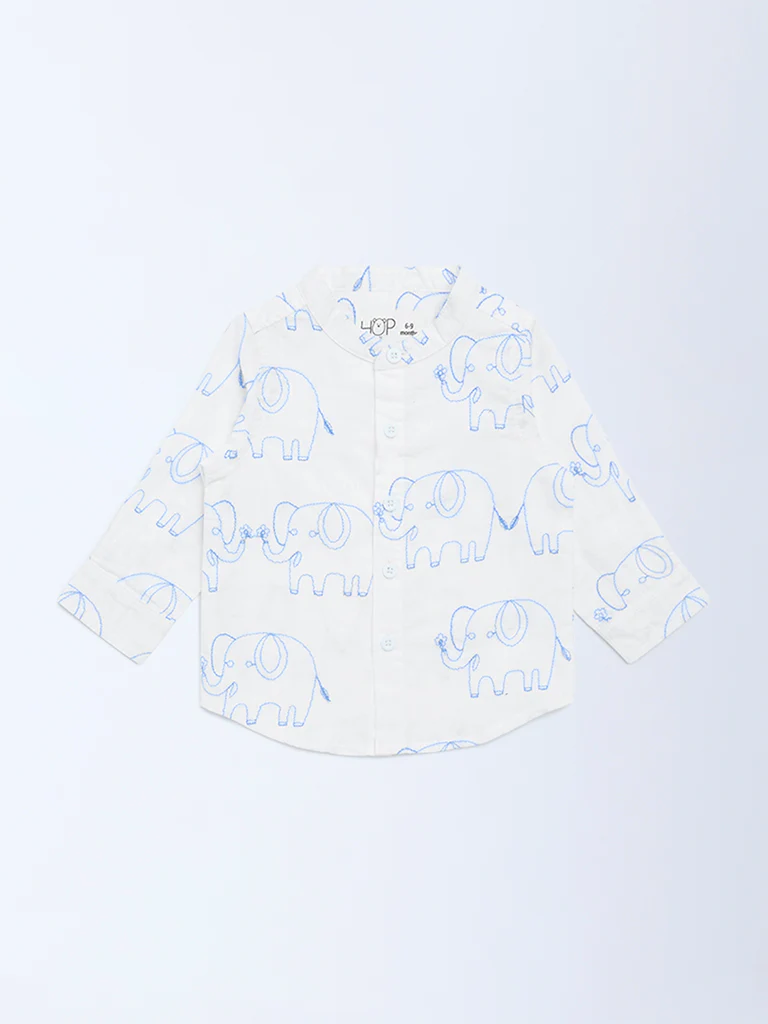 HOP Baby Boys White Animal Embroidered Cotton Shirt - Image 2