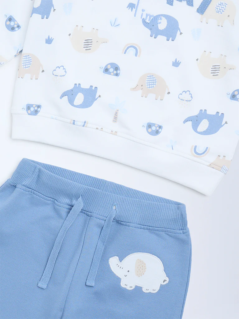 HOP Baby Boys White Animal Printed Cotton Sweatshirt and Pants Set - Image 4