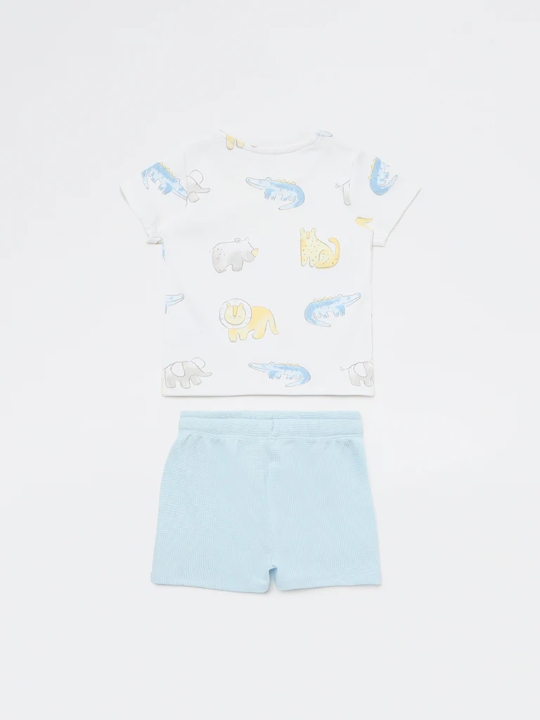 HOP Baby Boys White Animal Printed Cotton T-Shirt and Shorts Set - Image 3