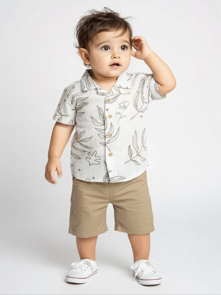 HOP Baby Boys White Botanical Printed Cotton Shirt