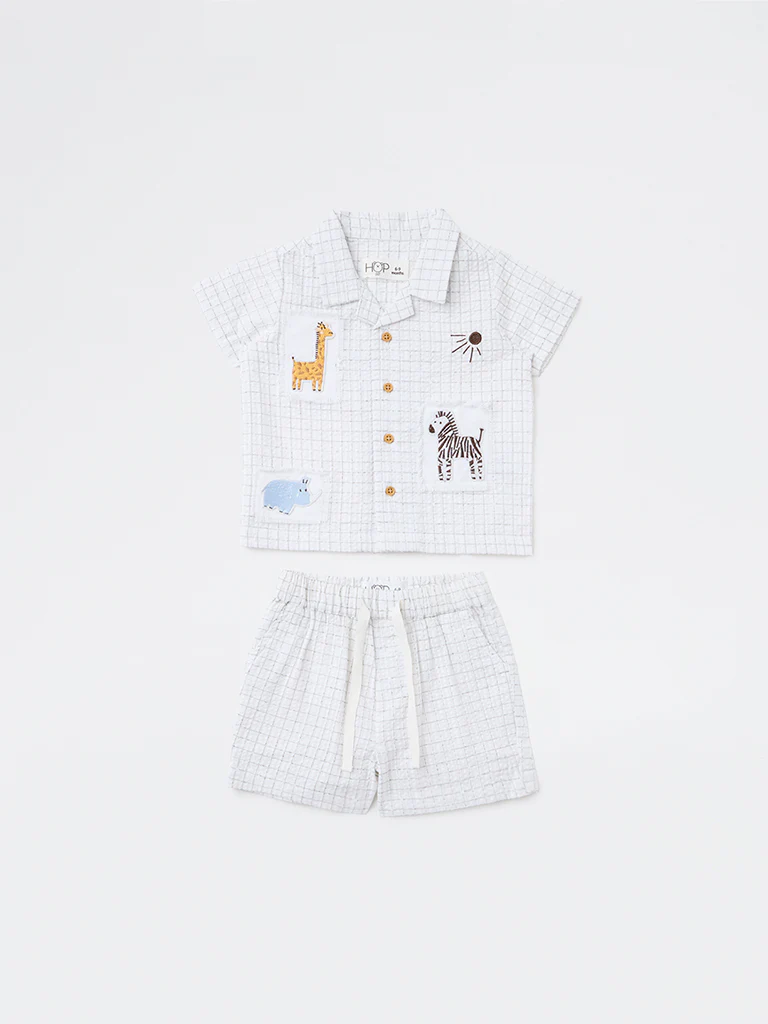 HOP Baby Boys White Checkered Cotton Shirt and Shorts Set - Image 2