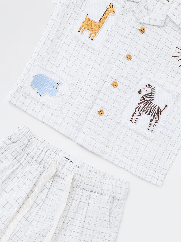HOP Baby Boys White Checkered Cotton Shirt and Shorts Set - Image 4