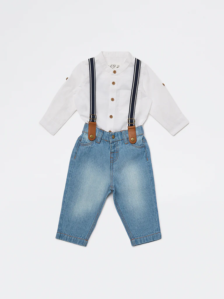 HOP Baby Boys White Cotton Shirt, Jeans, and Suspender Set - Image 2