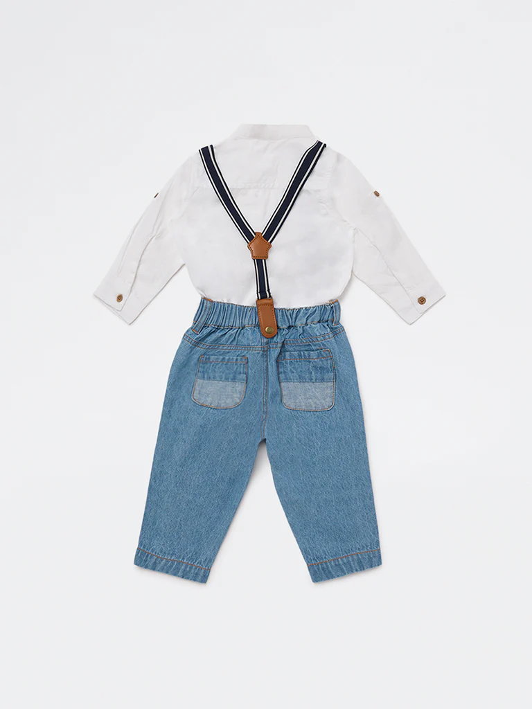 HOP Baby Boys White Cotton Shirt, Jeans, and Suspender Set - Image 3