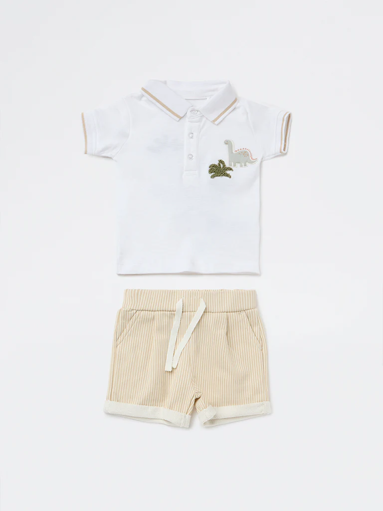 HOP Baby Boys White Cotton T-Shirt and Shorts Set - Image 2