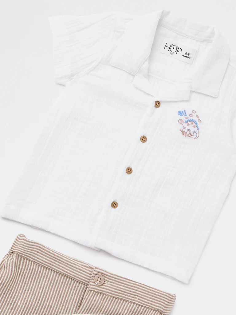 HOP Baby Boys White Crinkle-Textured Cotton Shirt and Shorts Set - Image 4