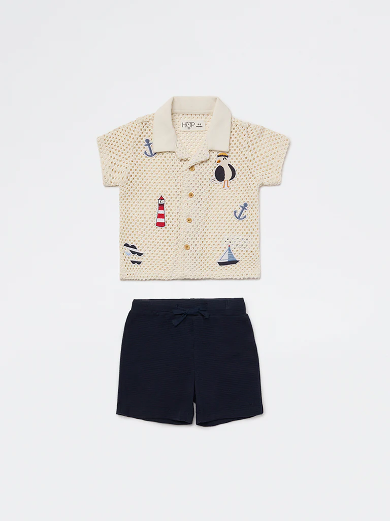 HOP Baby Boys White Crochet Cotton Shirt and Shorts Set - Image 2