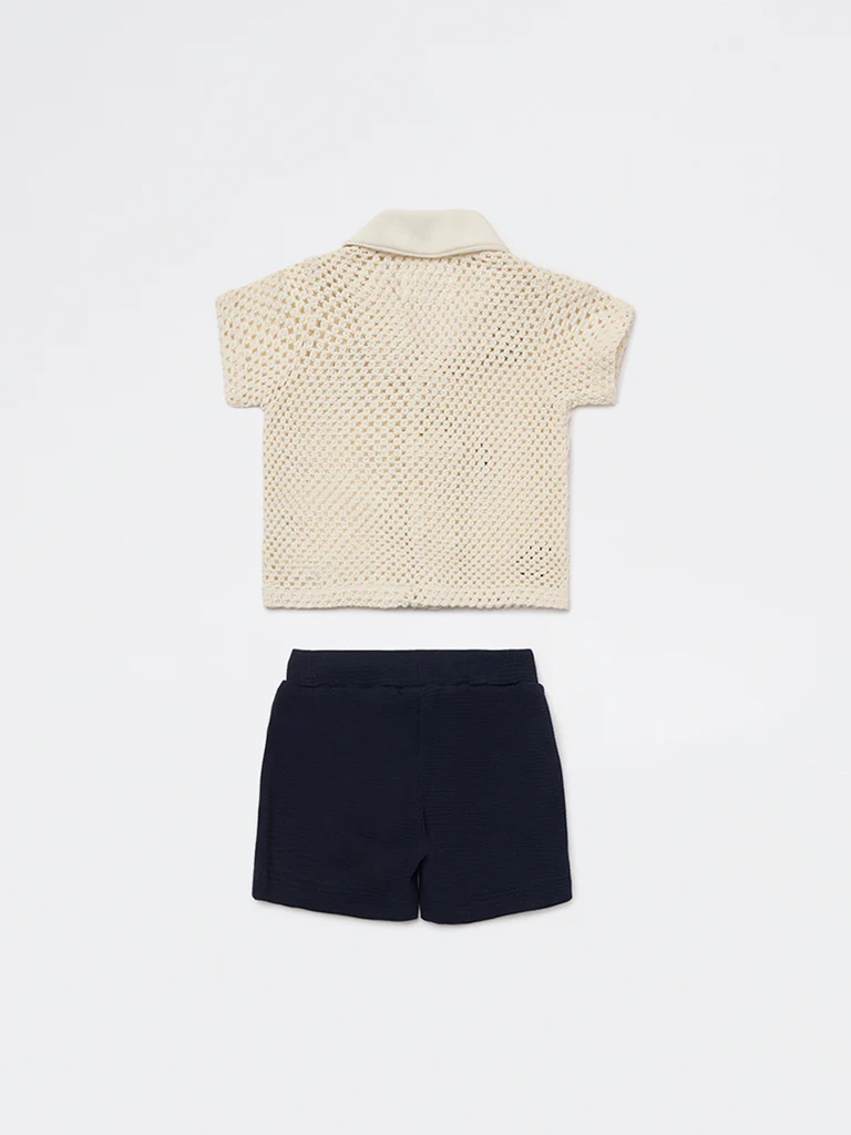 HOP Baby Boys White Crochet Cotton Shirt and Shorts Set - Image 3