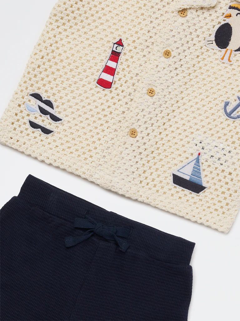 HOP Baby Boys White Crochet Cotton Shirt and Shorts Set - Image 4