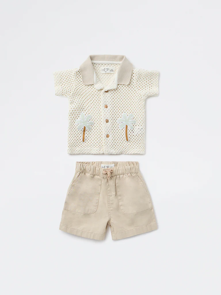 HOP Baby Boys White Crochet-Knit Cotton Shirt and Shorts Set - Image 2
