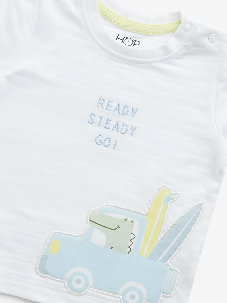 HOP Baby Boys White Crocodile Embroidered Cotton T-Shirt - Image 3