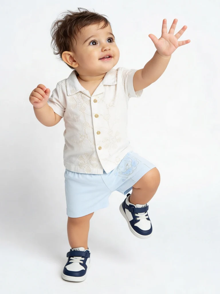 HOP Baby Boys White Embroidered Cotton-Blend Shirt