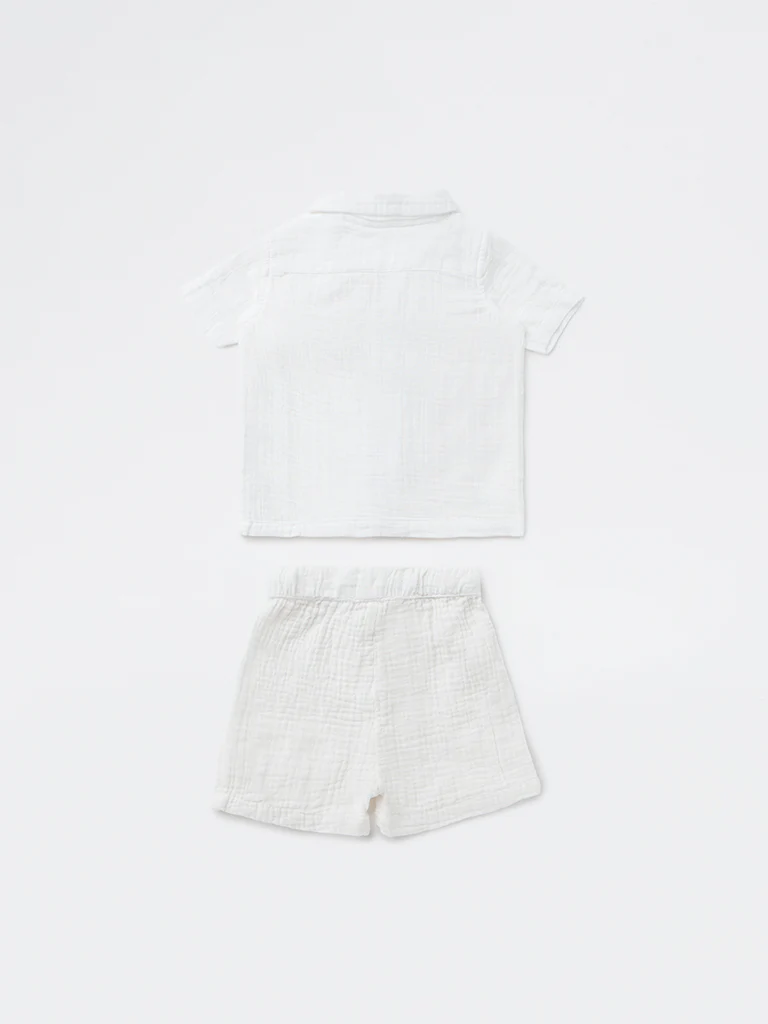 HOP Baby Boys White Embroidered Cotton Shirt and Shorts Set - Image 3